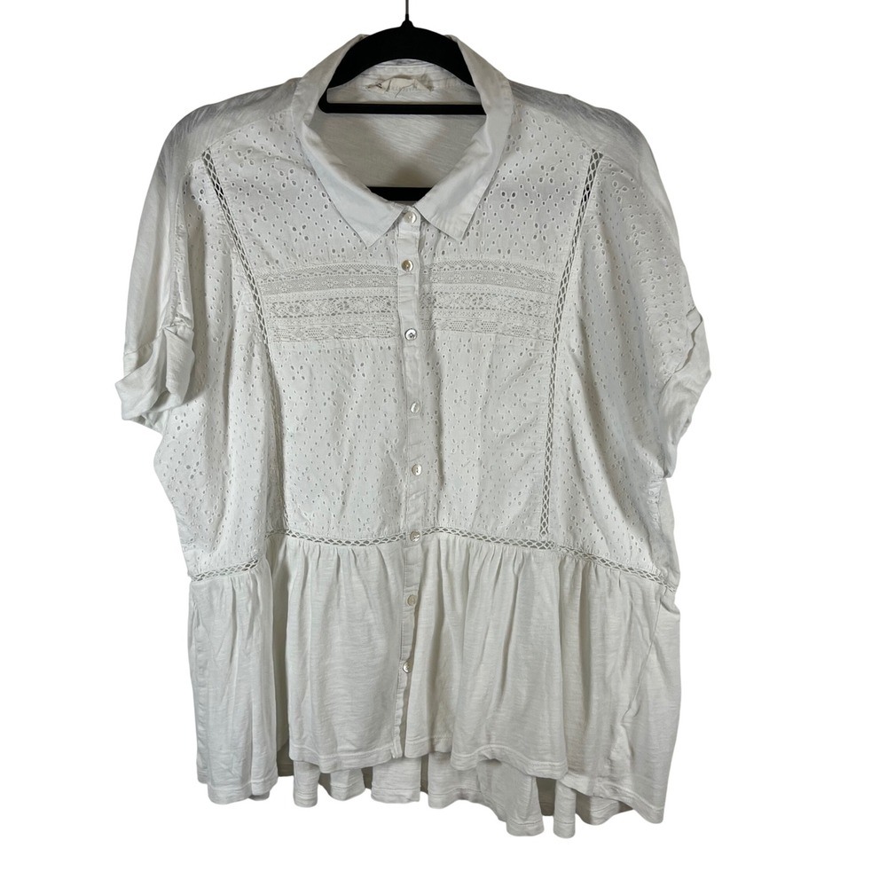 Lucky Brand White Eyelet Cotton Peplum Button Down Blouse XXL Boho Cottagecore